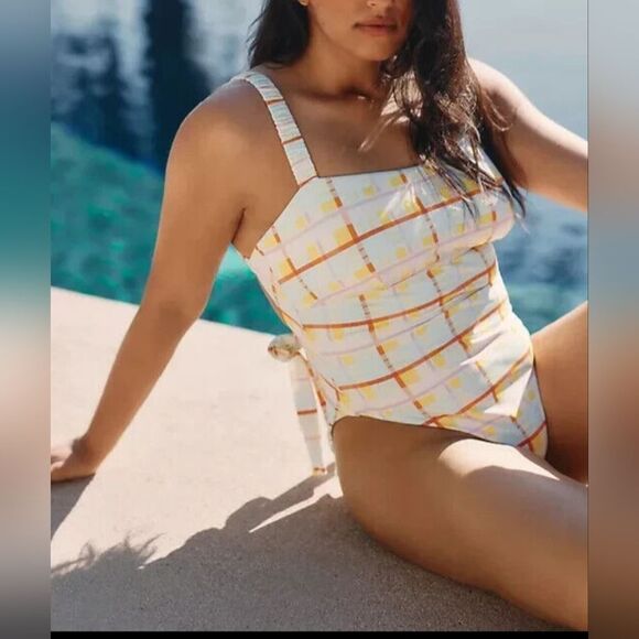 By Anthropologie Sanja Scrunchie Strap Plaid One Piece Swimsuit Size 8 - Picture 3 of 11